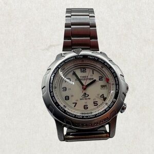 Rare VTG Timex Expedition Men 39mm Watch Silver Tone Alarm Indiglo Date SS